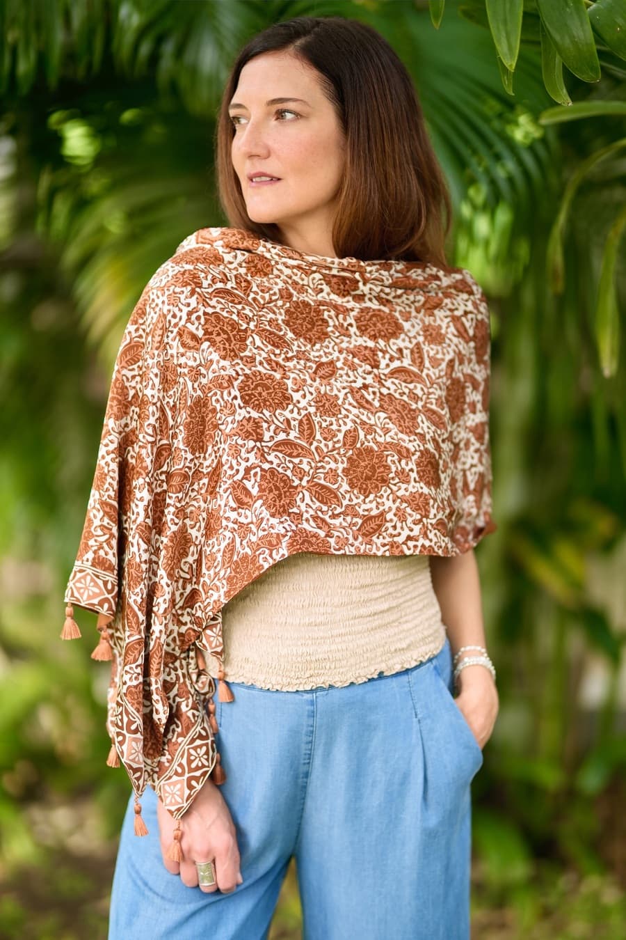 SCIARPA SCIALLE SETA BATIK Floreale Double Face Marrone Moka