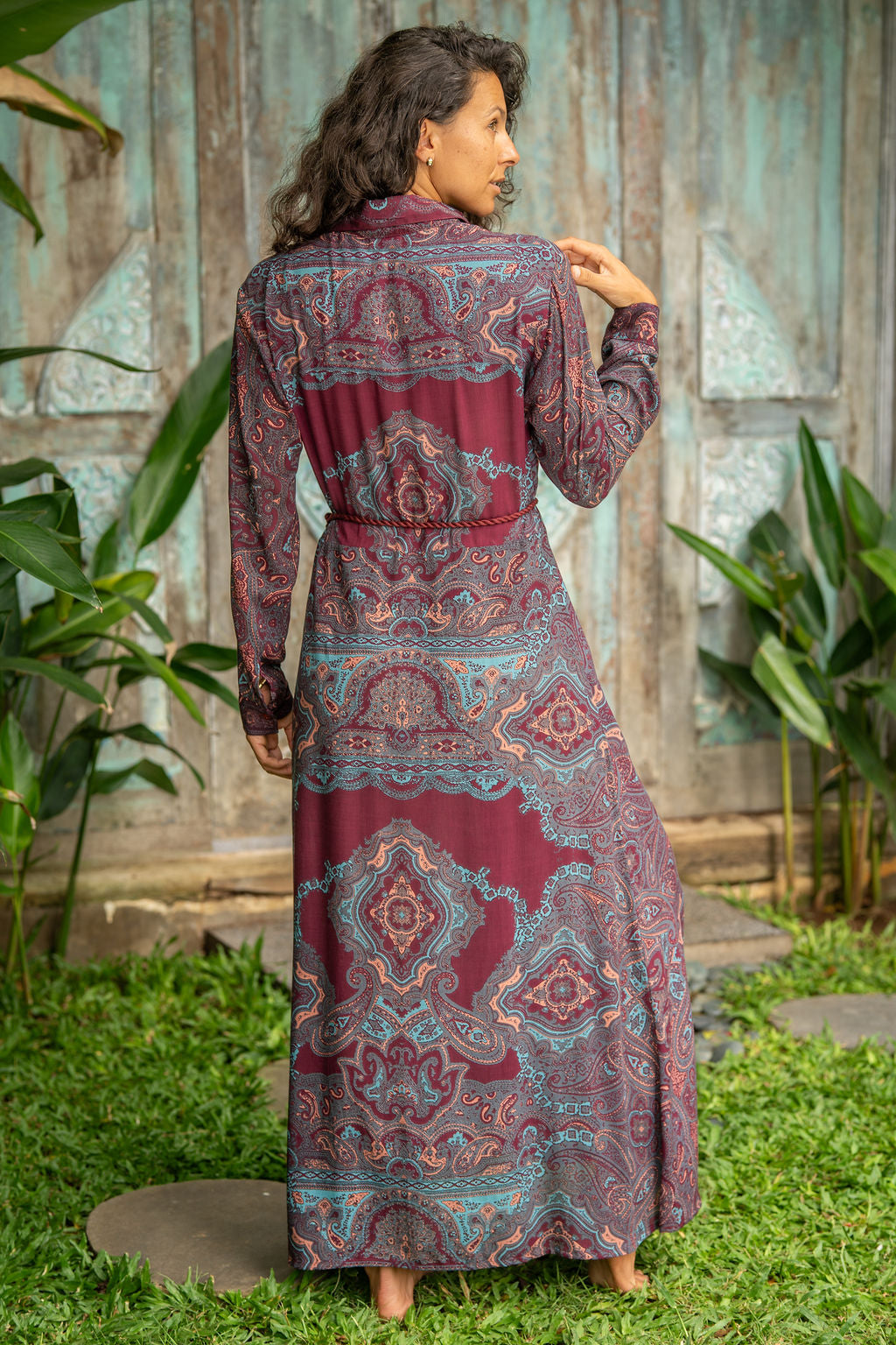 chemisier lungo leggero elegante stampa Paisley bordeaux boho chic resort wear  retro