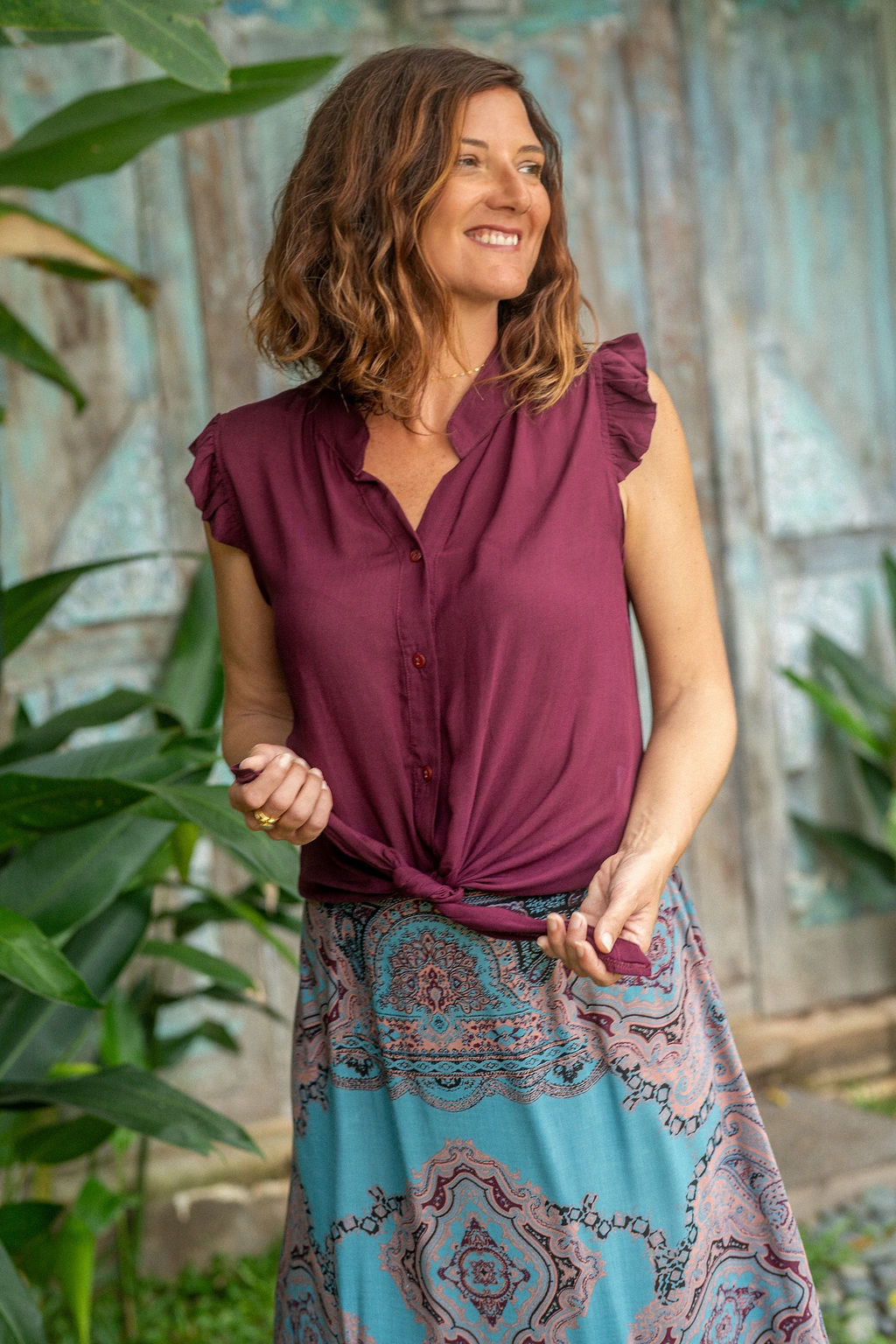 gonna lunga leggera stampa paisley con top tinta unita completo boho chic