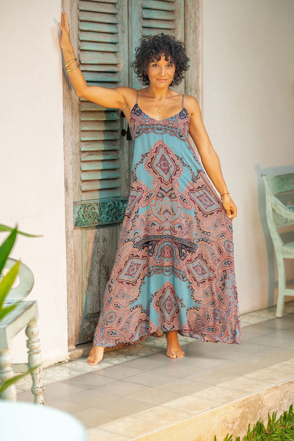 abito lungo estivo leggero stampa Paisley boho chic blu azzurro frontale