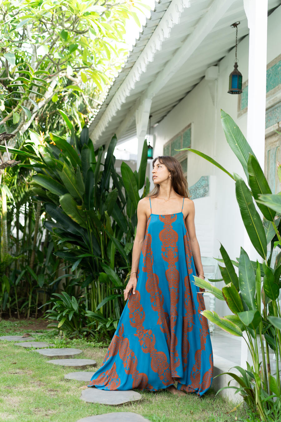 maxi vestito lungo estivo ideale donna per eventi cerimonie matrimoni al caldo e in spiaggia fresco e leggero verde e arancione lapeapois