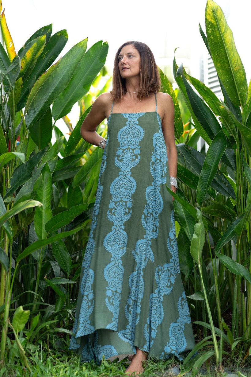 maxi vestito lungo estivo ideale donna per eventi cerimonie matrimoni al caldo. fresco e leggero verde e azzurro lapeapois