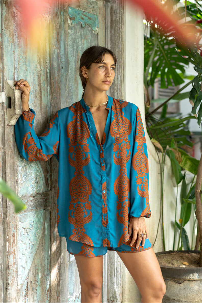 camicia coreana estiva donna leggera verde petrolio ottanio arancione lapeapois