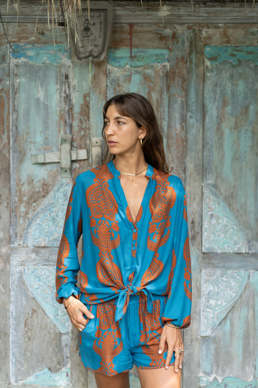 camicia coreana estiva donna leggera verde petrolio ottanio arancione lapeapois