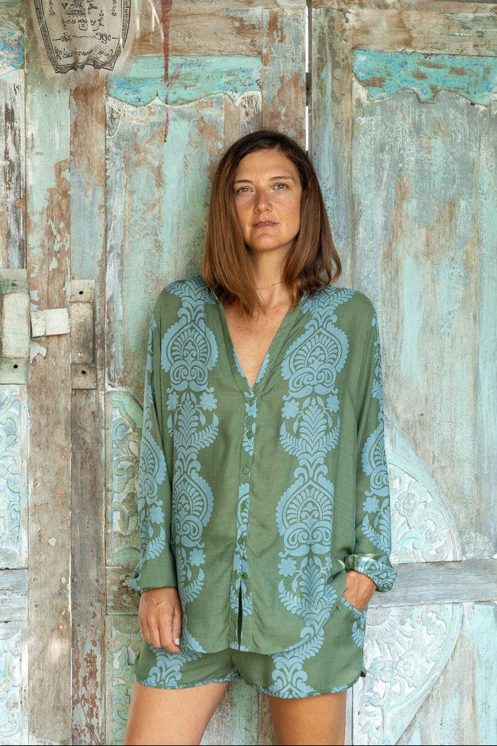 camicia coreana donna estiva leggera verde azzurro lapeapois