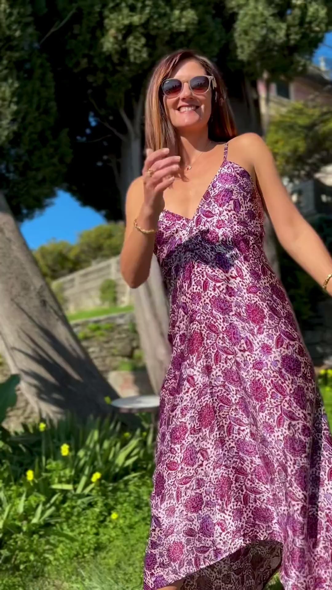 Abito lungo in Seta Batik dipinta a mano- stampa floreale - Glicine e Bordeaux