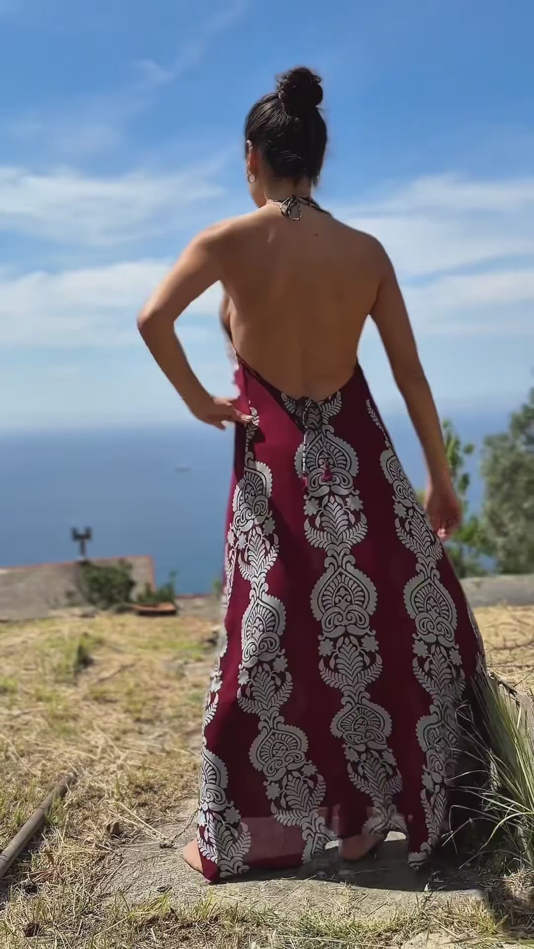 vestito lungo estivo leggero schiena scollata bordeaux azzurro lapeapois