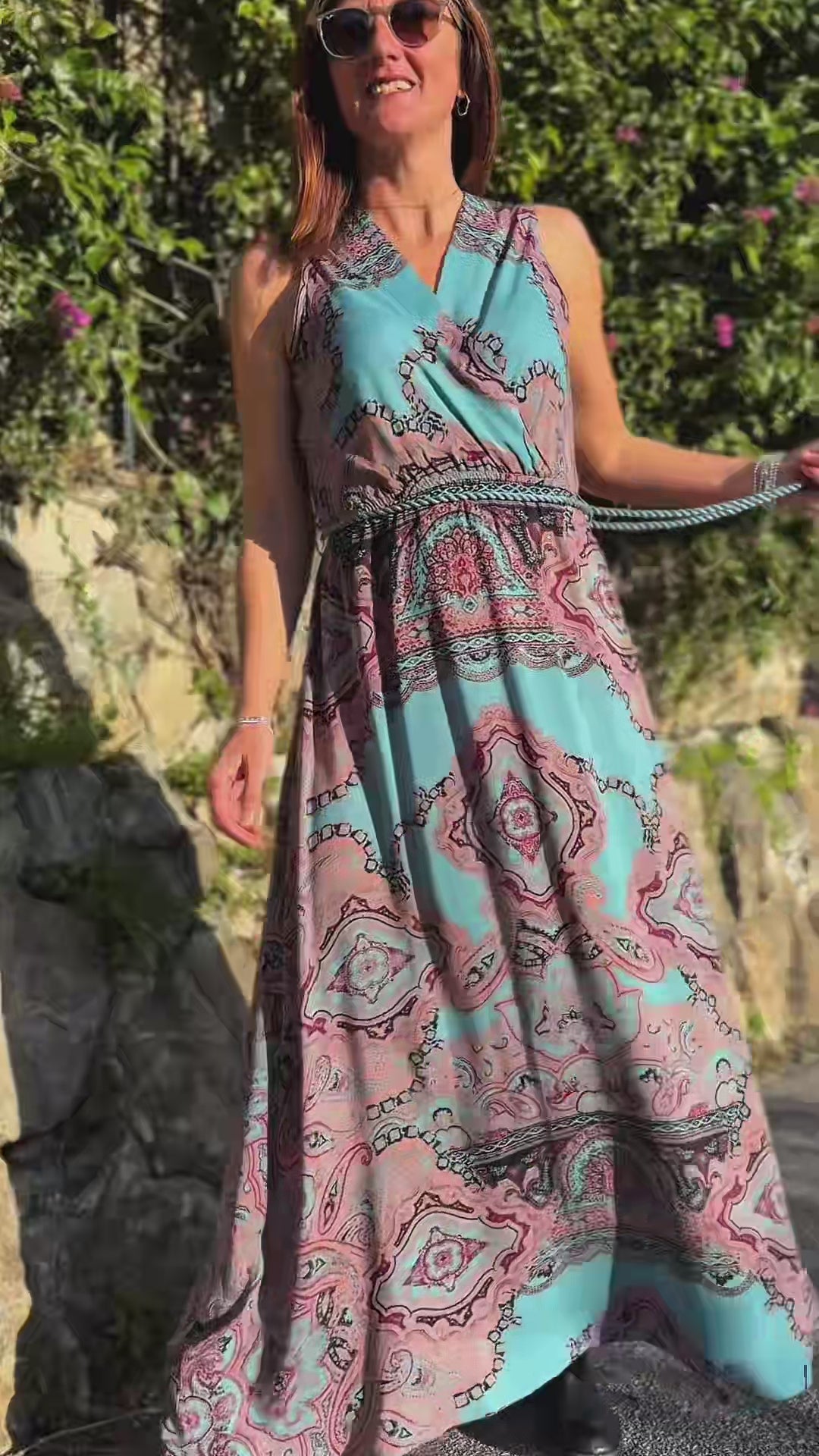 abito lungo estivo elegante leggero smanicato stampa Paisley boho chic blu azzurro video