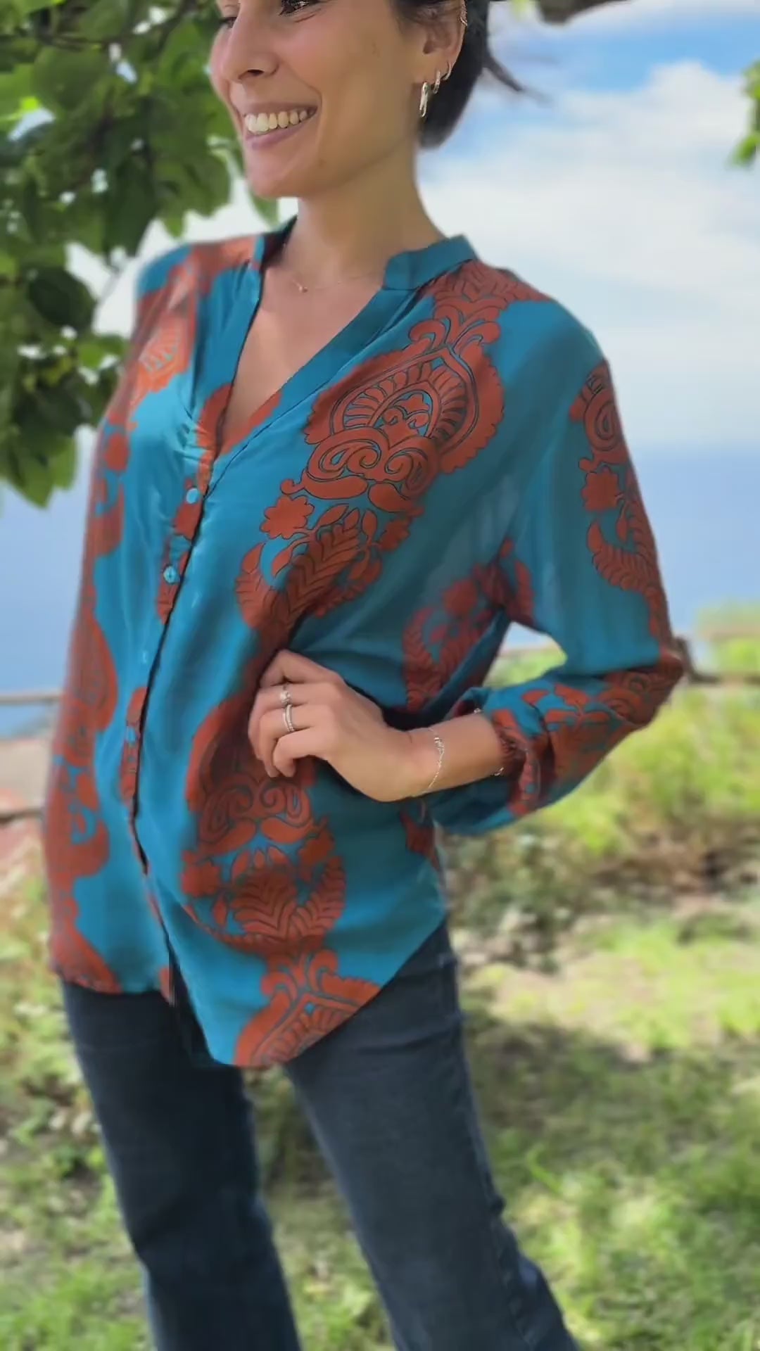 camicia coreana estiva donna leggera verde petrolio ottanio arancione video lapeapois