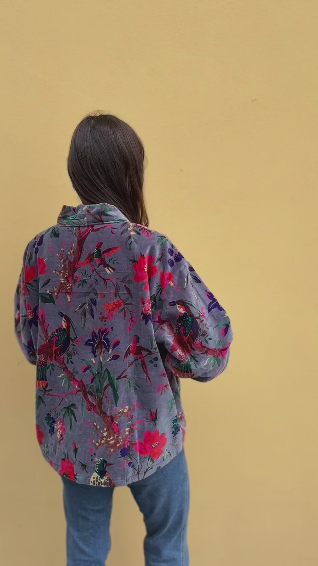 Giacca Kimono in Velluto di Cotone | Fantasia Giardino d'Oriente | Grigio Cangiante